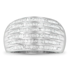 .925 Sterling Silver 1.0 Cttw Baguette-Cut Diamond 6-Row Channel Set Domed Tapered Cocktail Fashion Ring (H-I Color, I2-I3 Clarity) - Size 6-1/2