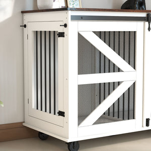 Mobile Dog Crate With Flip Top Feeding Door, Dual Access & 5 Caster System (2 Locking) - Brown White