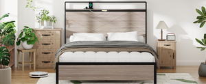 Antique Full Size Wooden Platform Bed Frame with LED Light Headboard