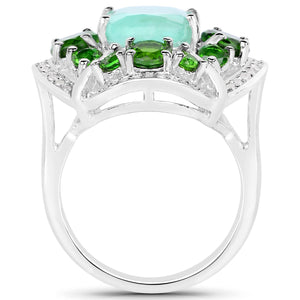 5.49 Carat Genuine Emerald, Chrome Diopside and White Diamond .925 Sterling Silver Ring