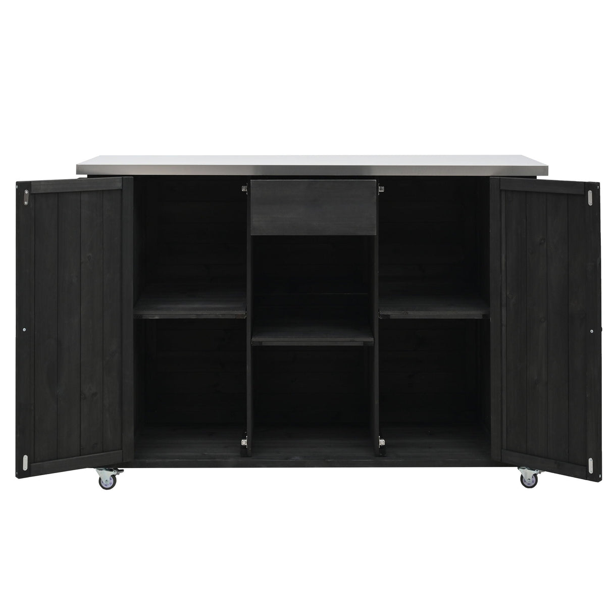 Outdoor Kitchen Island With Stainless Steel Top, Ample Storage Space, Towel And Spice Racks And A Bottle Opener