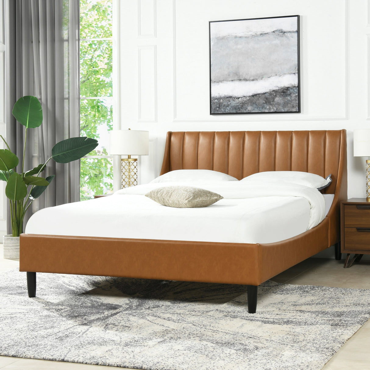 Aspen Vertical Tufted Modern Headboard Platform Bed Set, Queen, Caramel Tan Brown Faux Leather