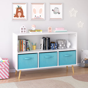 Bookcase With Collapsible Drawers, Book Display Storage Cabinet Organizer - White / Blue