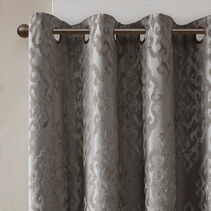 Charcoal Knitted Jacquard Damask Blackout Curtain Panel with Silver Grommets