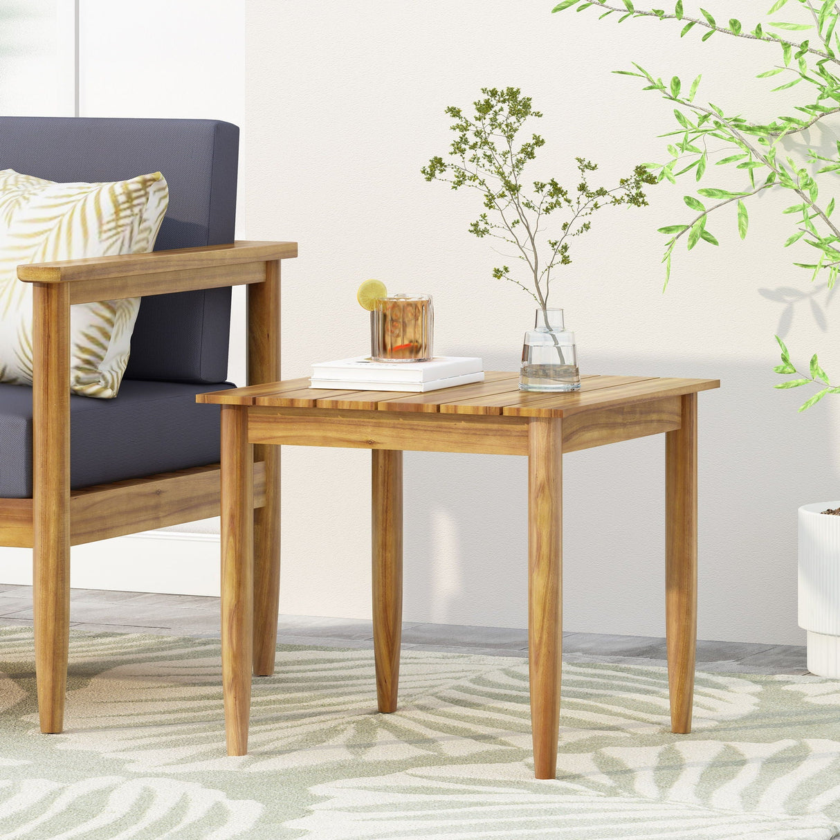 Outdoor Square Side Table with Slatted Top and Wood Frame - Teak