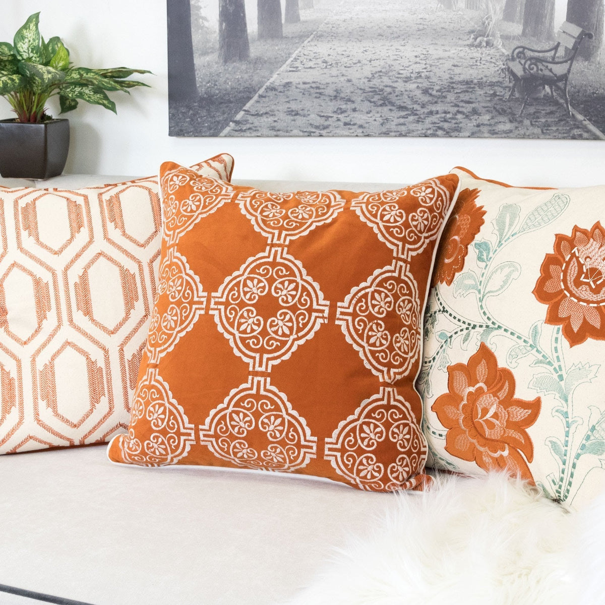 Burnt Orange Damask Embroidered Throw Pillow with Velvet Finish - Burnt Orange