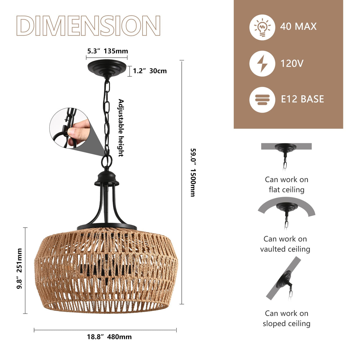 19' Boho Hemp Rope Pendant Light with Adjustable Chain