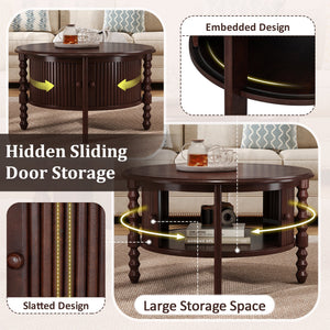 Vintage Round Coffee Table with Storage in Walnut