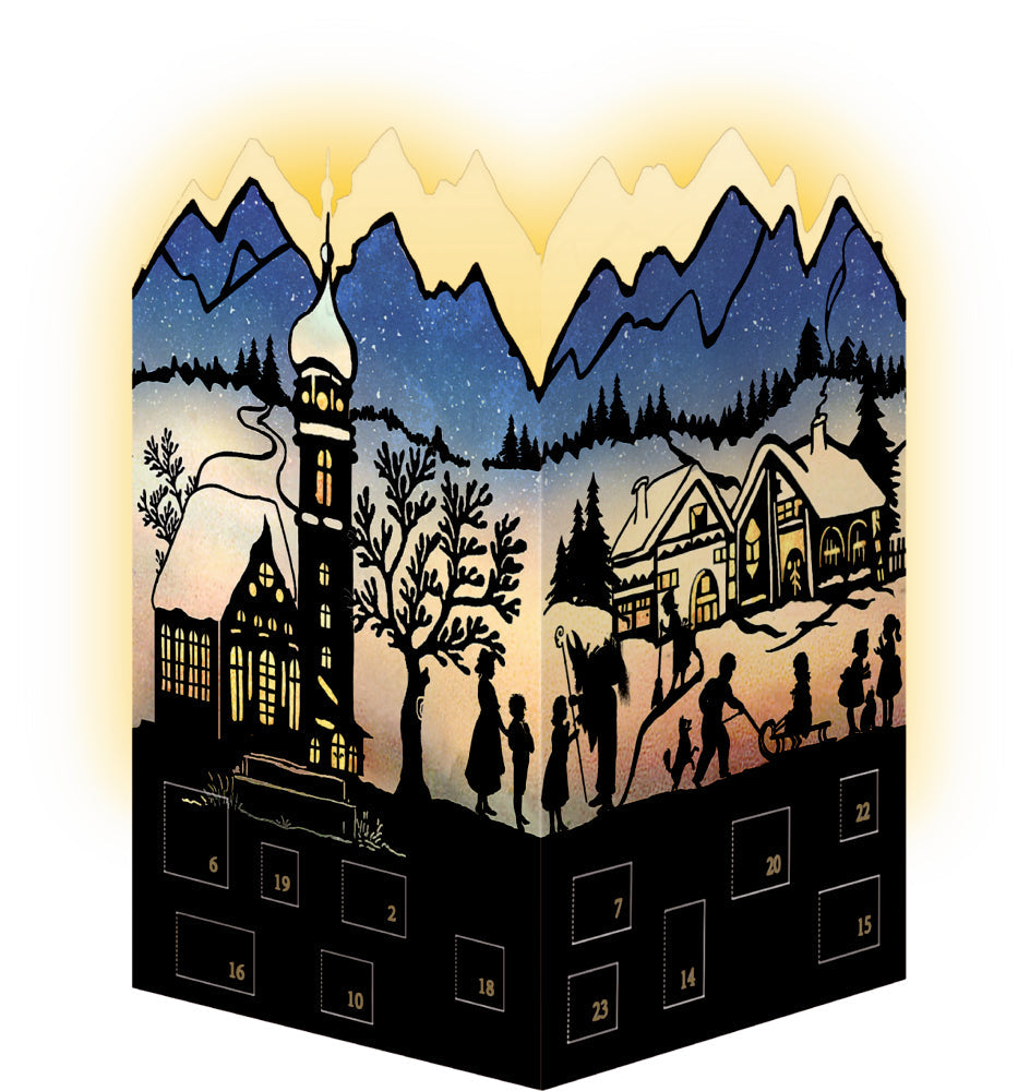 Winter Village Scene Silhouette Advent Lantern Card With Envelope