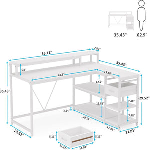 L-Shaped Home Office Desk With Monitor Riser, Drawers, And Storage Shelves