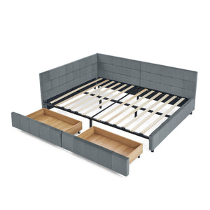 Mid-Century Storage Upholstered Tufted Bed Frame with Backrest and Armrests