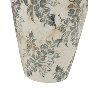 White Ceramic Accent Vase with Gray Floral Design - 11.6" Height