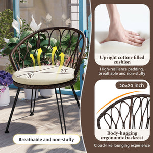 U_STYLE Outdoor Leisure Set, 2 Rattan Single Chairs with Glass Round Table