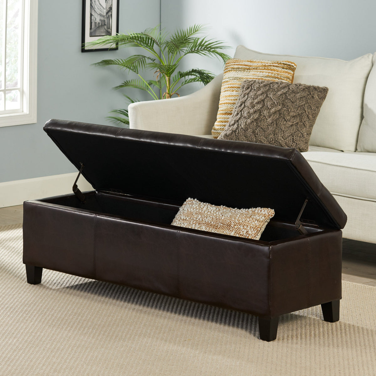 Upholstered PU Leather Storage Ottoman with Solid Wooden Legs