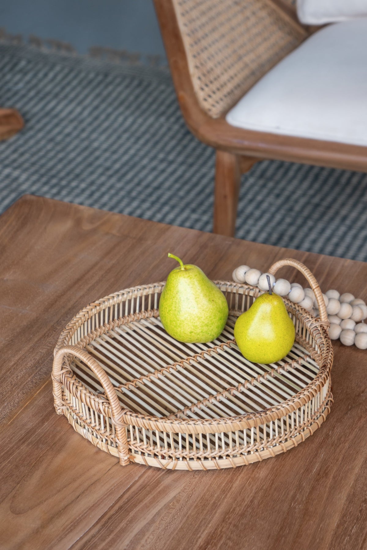 Set of 3 Round Decorative Brown Bamboo Woven Trays with Handles