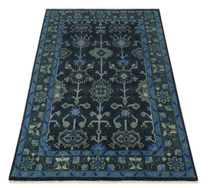 Dark Blue and Beige 5.6x8.6 Hand Knotted Traditional Oushak wool area rug