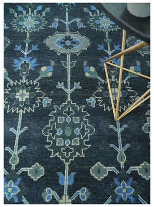 Dark Blue and Beige 5.6x8.6 Hand Knotted Traditional Oushak wool area rug