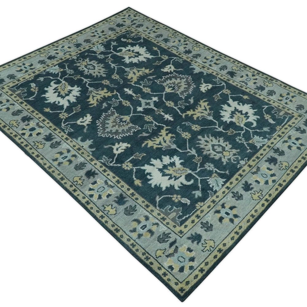 Dark Teal, Silver, Blue and Ivory Hand Knotted Traditional Oushak Multi Size Area Rug