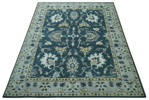 Dark Teal, Silver, Blue and Ivory Hand Knotted Traditional Oushak Multi Size Area Rug