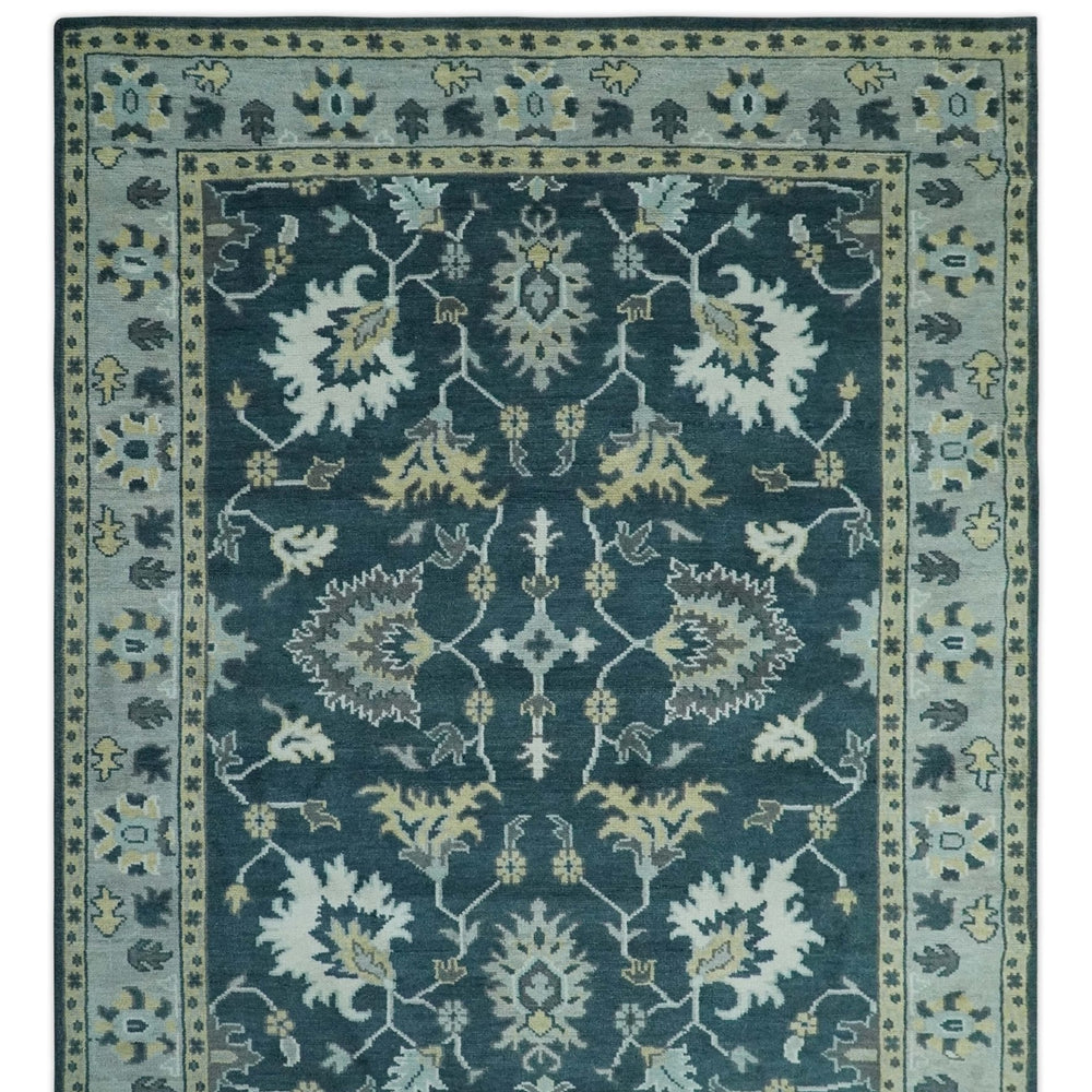 Dark Teal, Silver, Blue and Ivory Hand Knotted Traditional Oushak Multi Size Area Rug