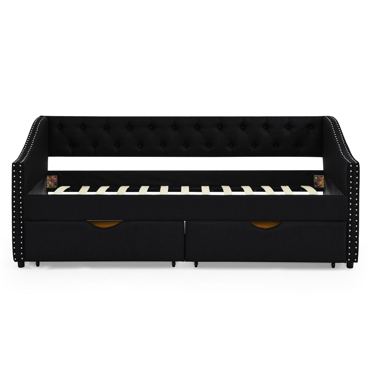 Upholstered Tufted Daybed With 2 Drawers, Waved Arms