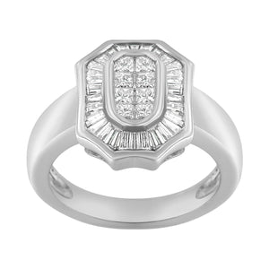14K White Gold 1.00 Cttw Baguette and Princess-Cut Diamond Cocktail Art Deco Style Ring (H-I Color, SI1-SI2 Clarity) - Size 7