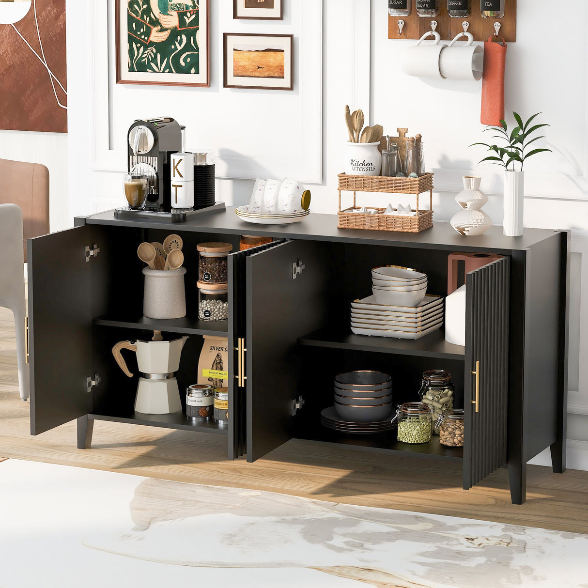 U_Style Modern 4-Vertical Wavy Slatted Doors Sideboard