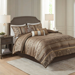 7 Piece Jacquard Comforter Set - Brown/Gold Cal King