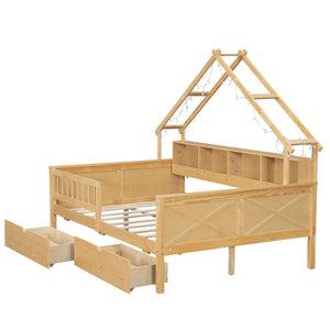 House Style Platform Bed With LED Lights, Storage Shelves, Drawers, And Guardrail