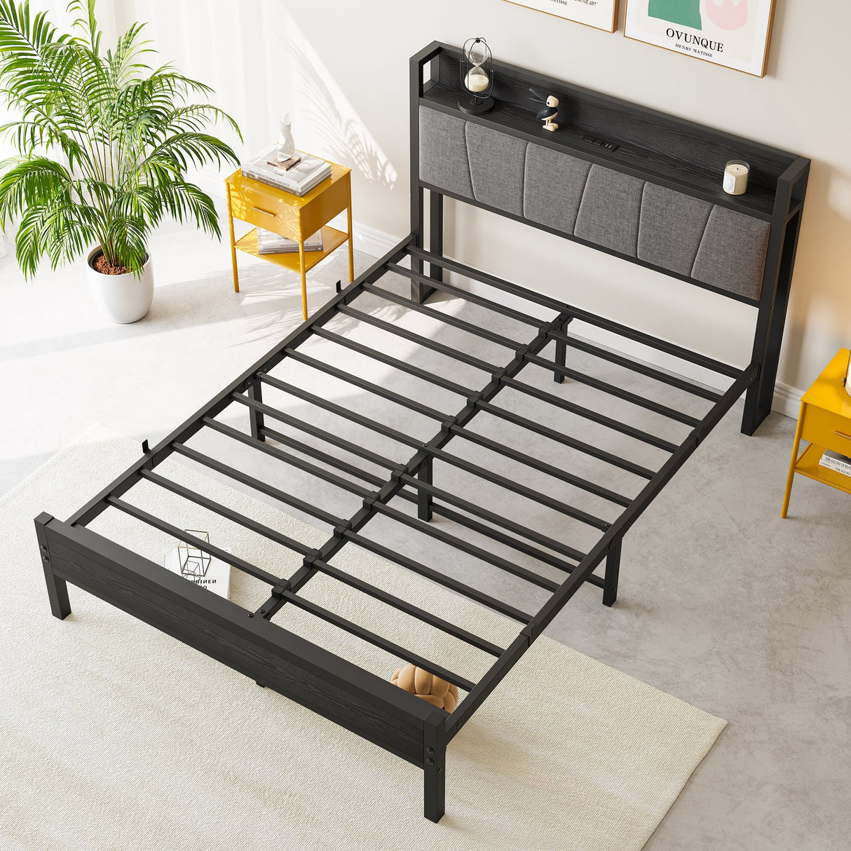 Full Size Bed Frame Storage Headboard with Charging Station