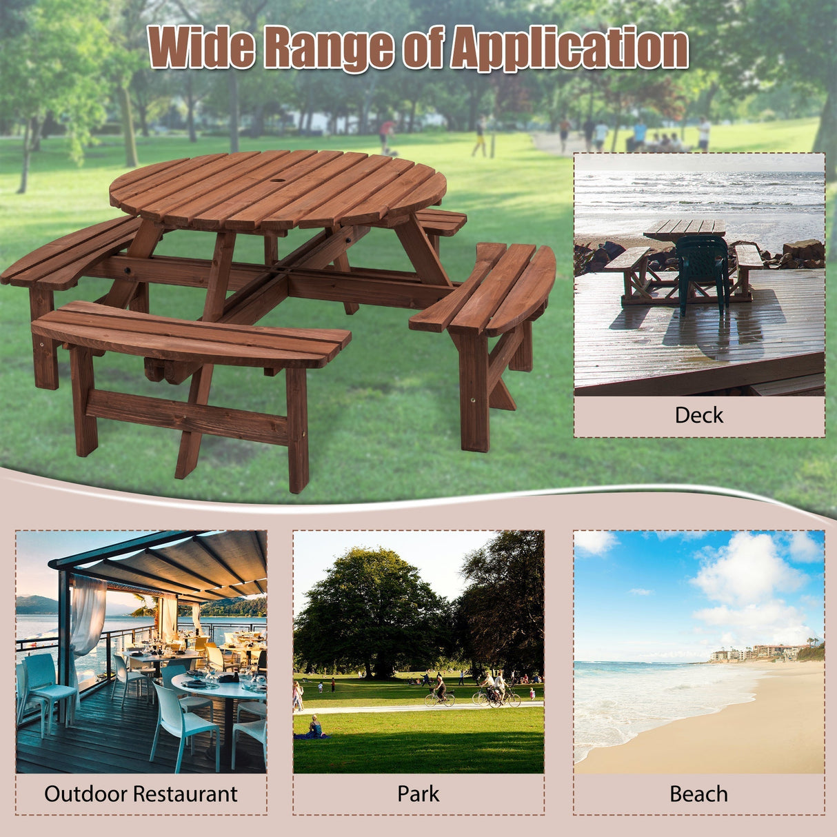 8 Person Wooden Picnic Table Outdoor Camping Dining Table with Seat