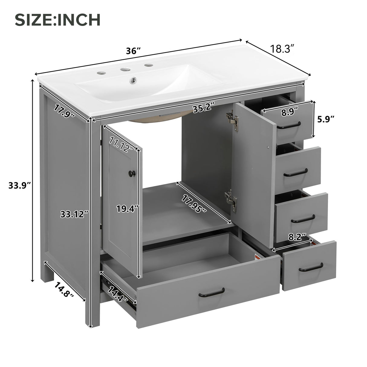 36" Gray Bathroom Vanity with Ceramic Sink Combo