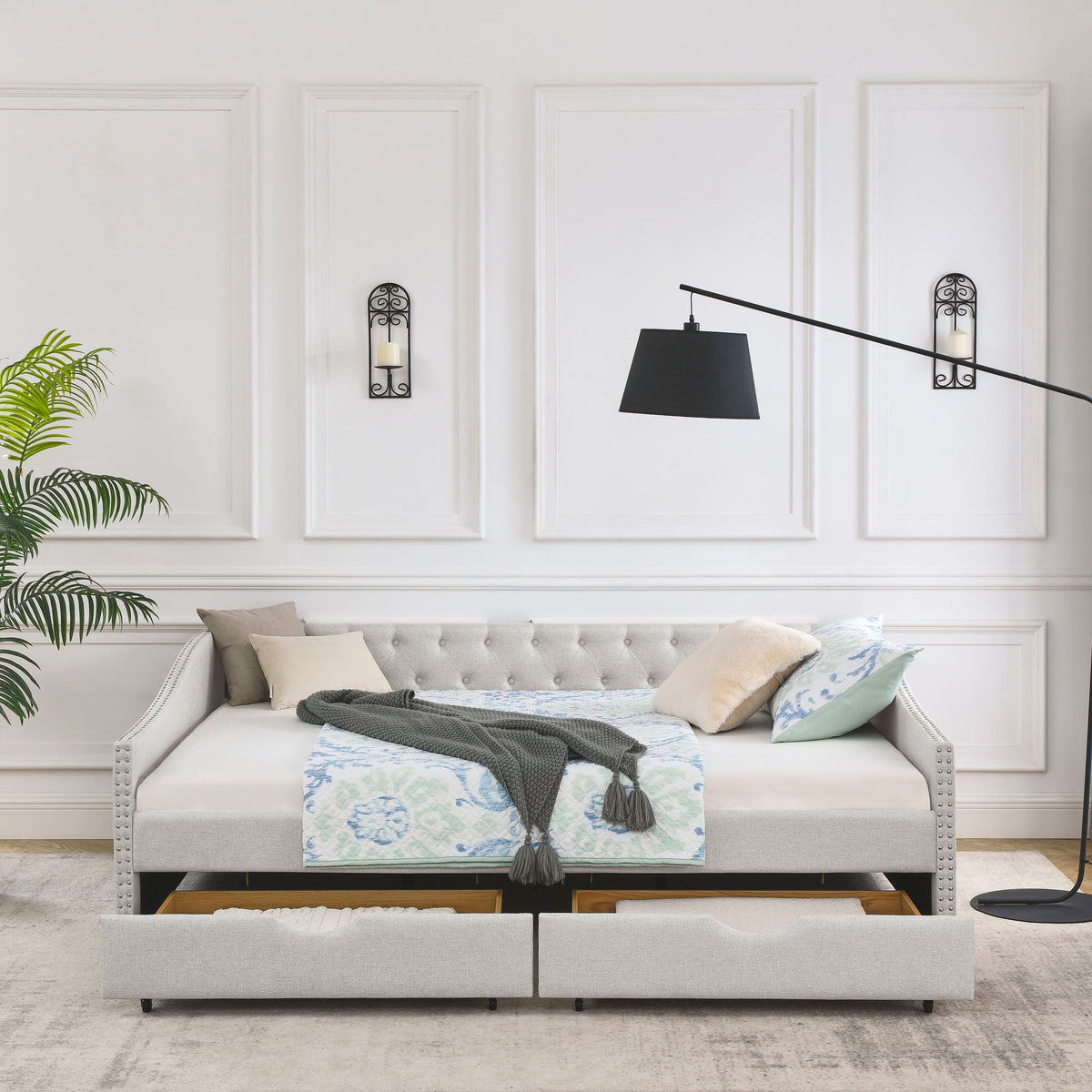 Upholstered Tufted Daybed With Drawers, Waved Arms