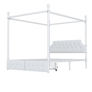 Queen Size Canopy Platform Bed With Upholstered Headboard And 2 Storage Drawers - White