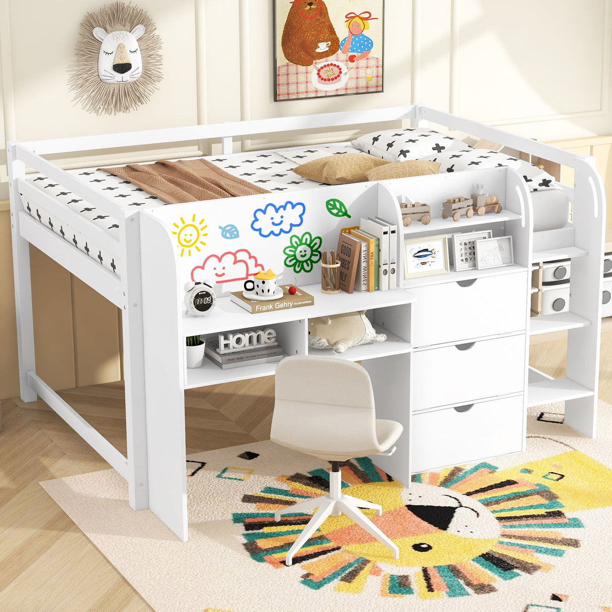 Low Loft Bed With Built In Desk, Storage Cabinets, Open Bookcase And Doodle board