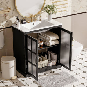 Modern Bathroom Vanity with Ceramic Sink and Tempered Blurred Glass Doors