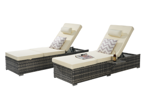 Outdoor Chaise Lounge Chair Set of 2 with Storage Patio Pool Chairs Tanning Lounges for Outside,Beach Rattan Recliners with Adjustable Backrest, Table, Cushion for Poolside Backyard Garden