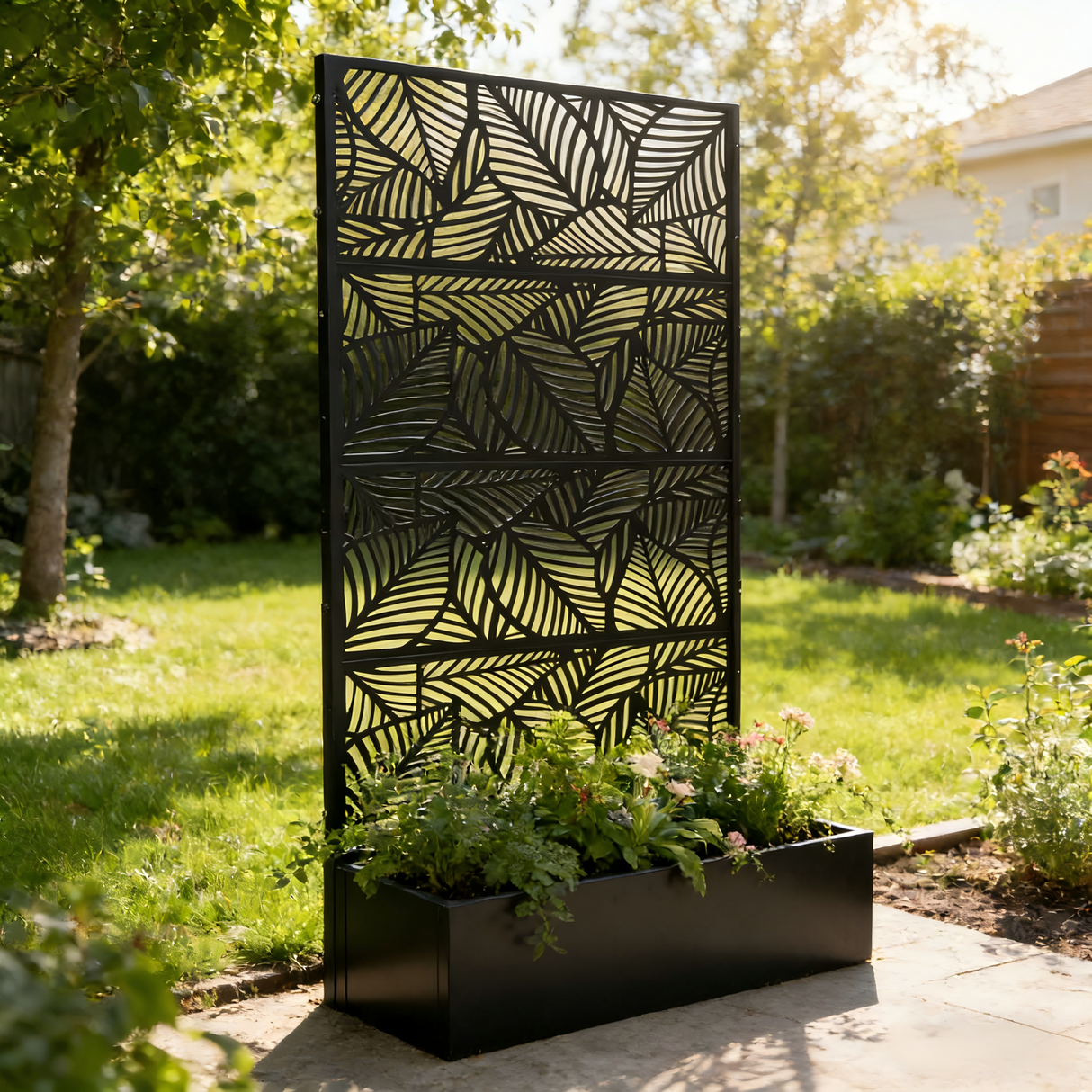 Leaf Pattern Privacy Screen with Planter Box