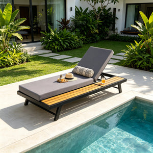 Black Iron + Teak Finish Chaise Lounge Set with Dark Grey Cushion