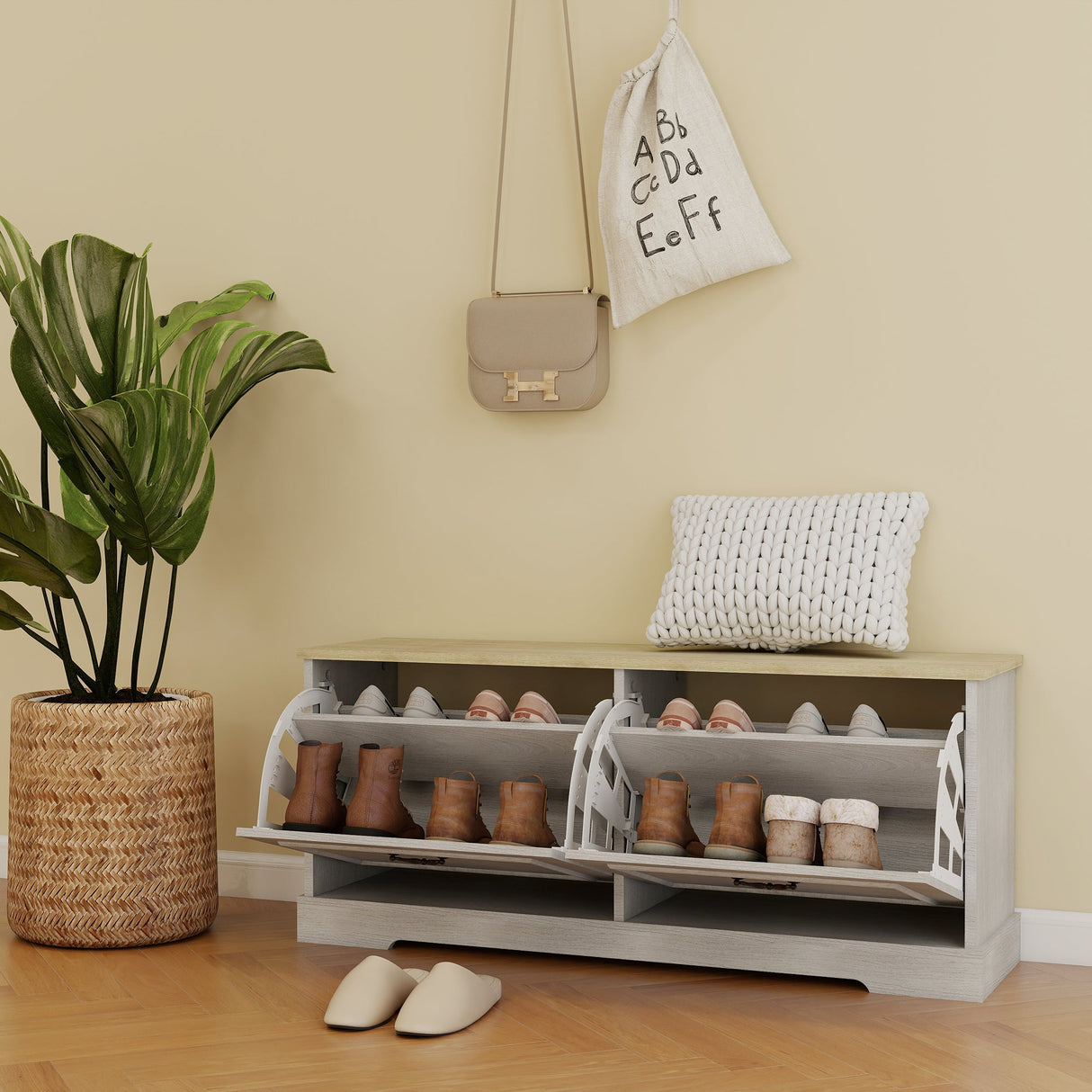 Shoe Storage Bench with 2 Flip Drawers and Adjustable Shelf - Antique