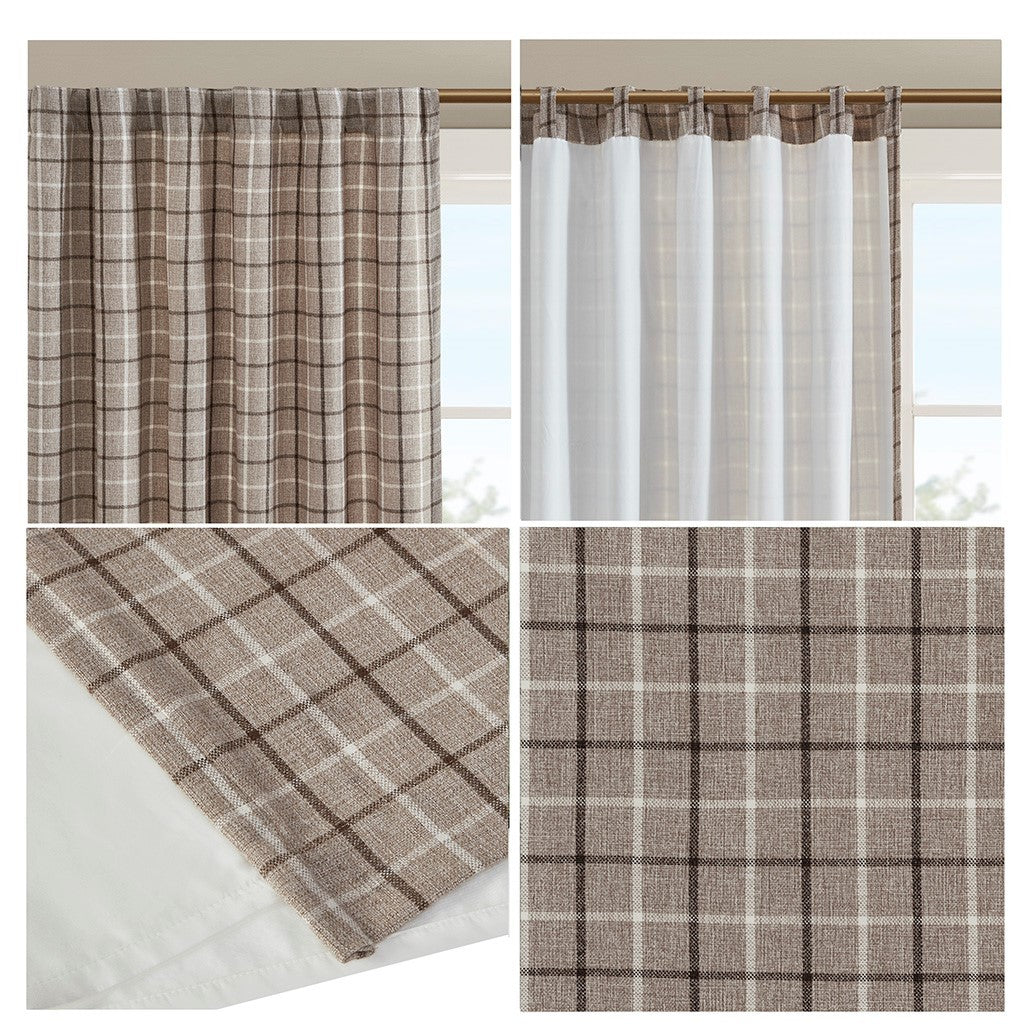 Plaid Rod Pocket and Back Tab Curtain Panel with Fleece Lining Brown 50x84
