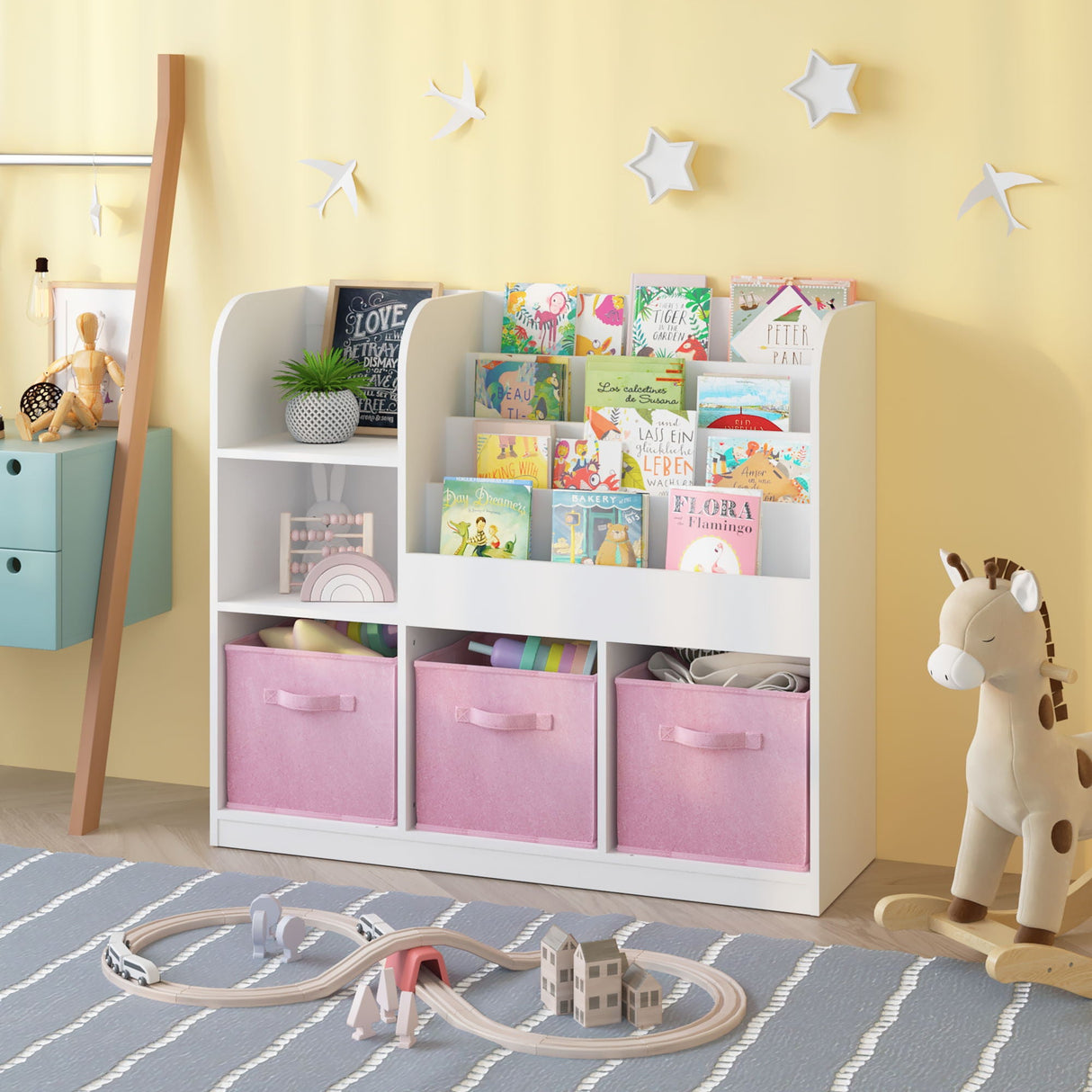 Bookcase And Bookshelf With 3 Collapsible Drawers, Multifunctional Display Stand