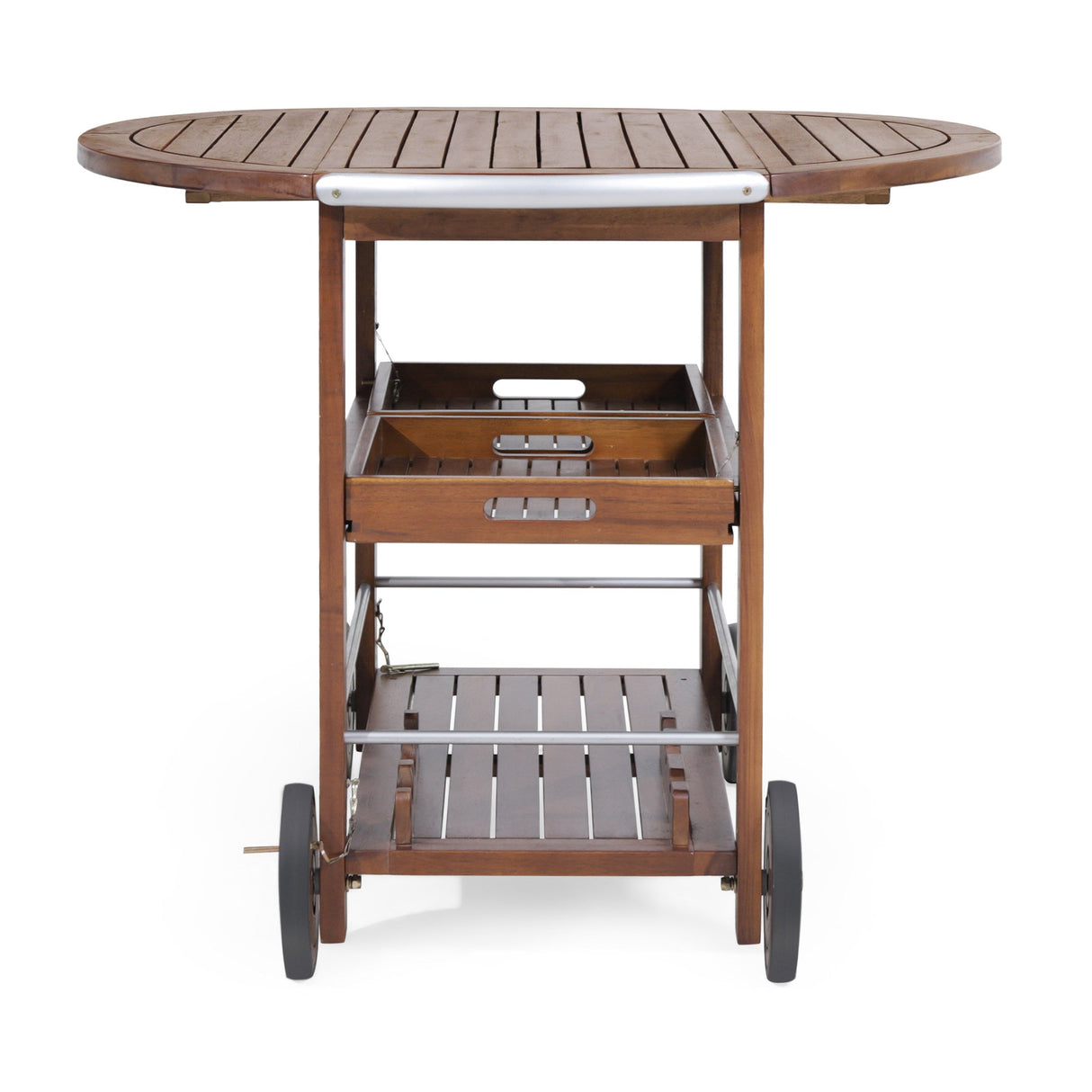 Wood and Aluminum Bar Cart with 2 Shelves, Oak and Silver