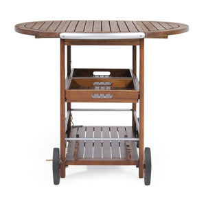 Wood and Aluminum Bar Cart with 2 Shelves, Oak and Silver