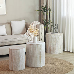 Set of 3, Rounded Wood Coffee Tables, End Tables, Plant Stands,Decorative Accent Pieces - Whitewashed Wood Finish