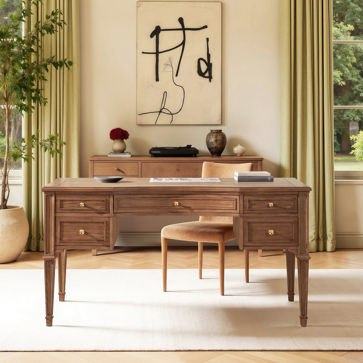 Dauphin Gold Accent 5-Drawer Wood Executive Desk Brown Ash Wood & Veneer