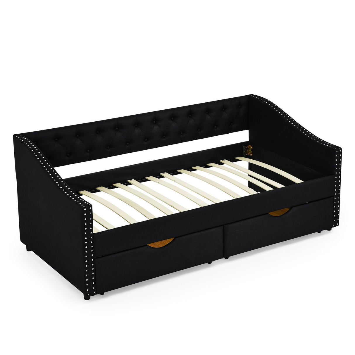 Upholstered Tufted Daybed With 2 Drawers, Waved Arms