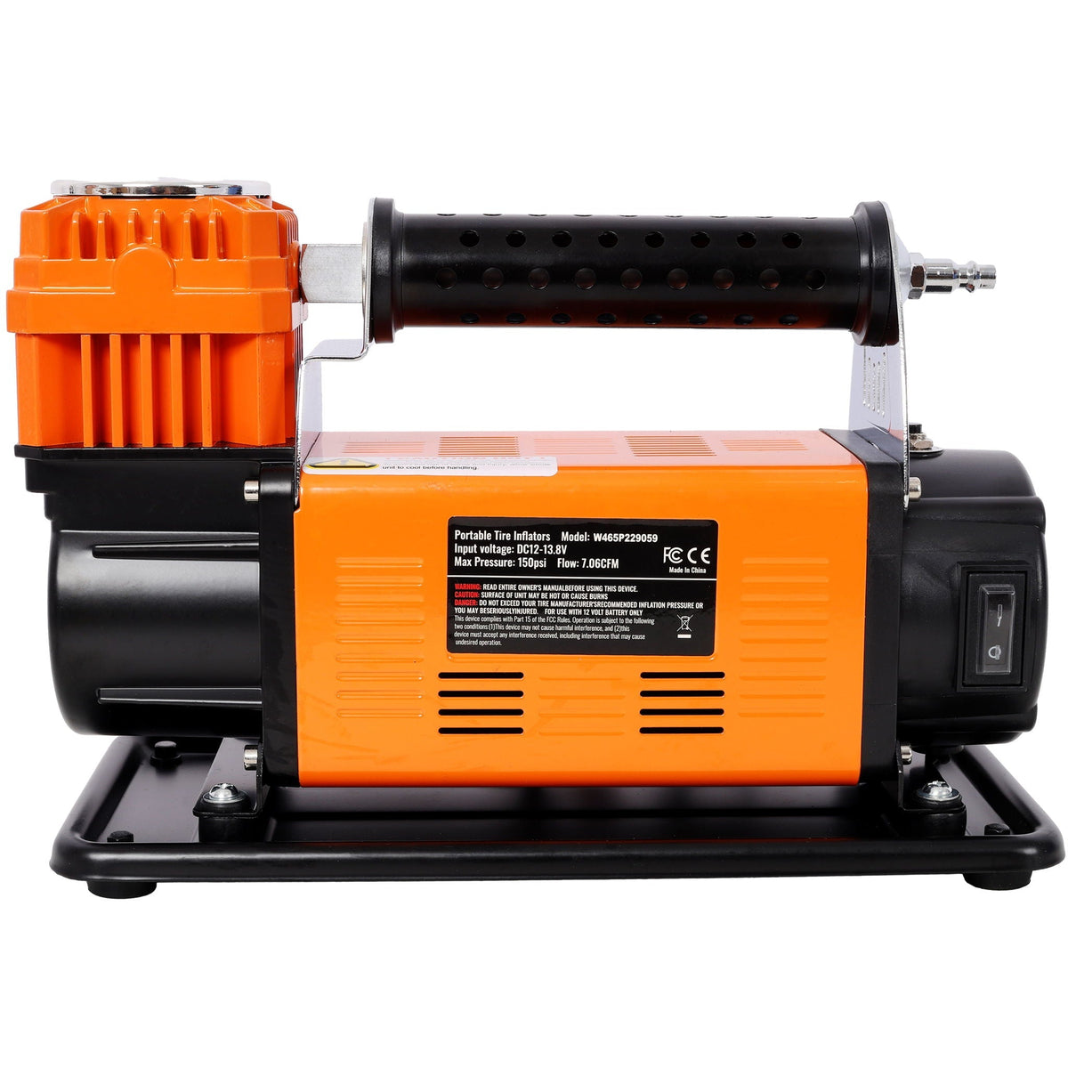 Heavy Duty 12V Air Compressor, Tire Inflator With Pressure Gauge, Compact Size - Black / Orange