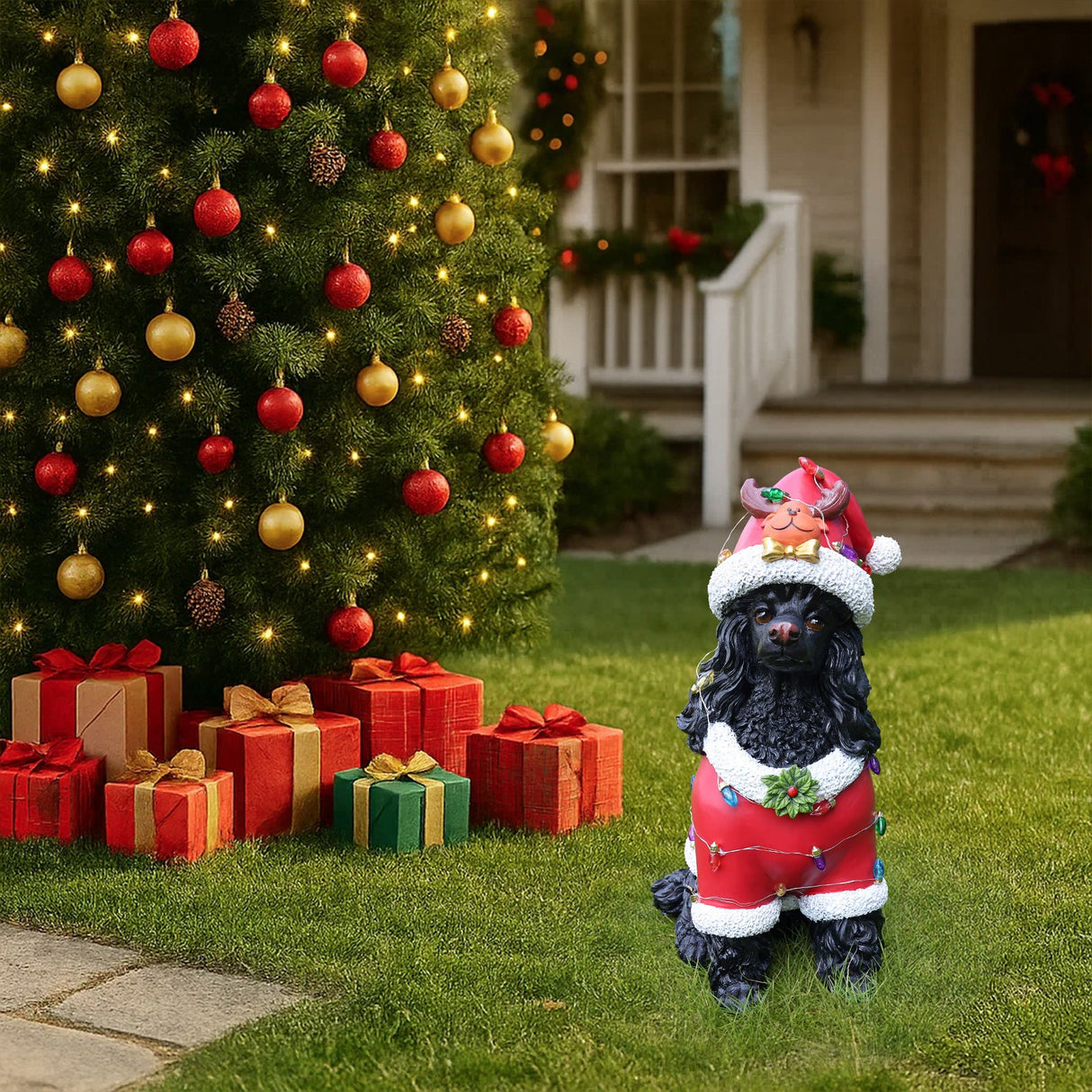 Festive Black Poodle Christmas Statue