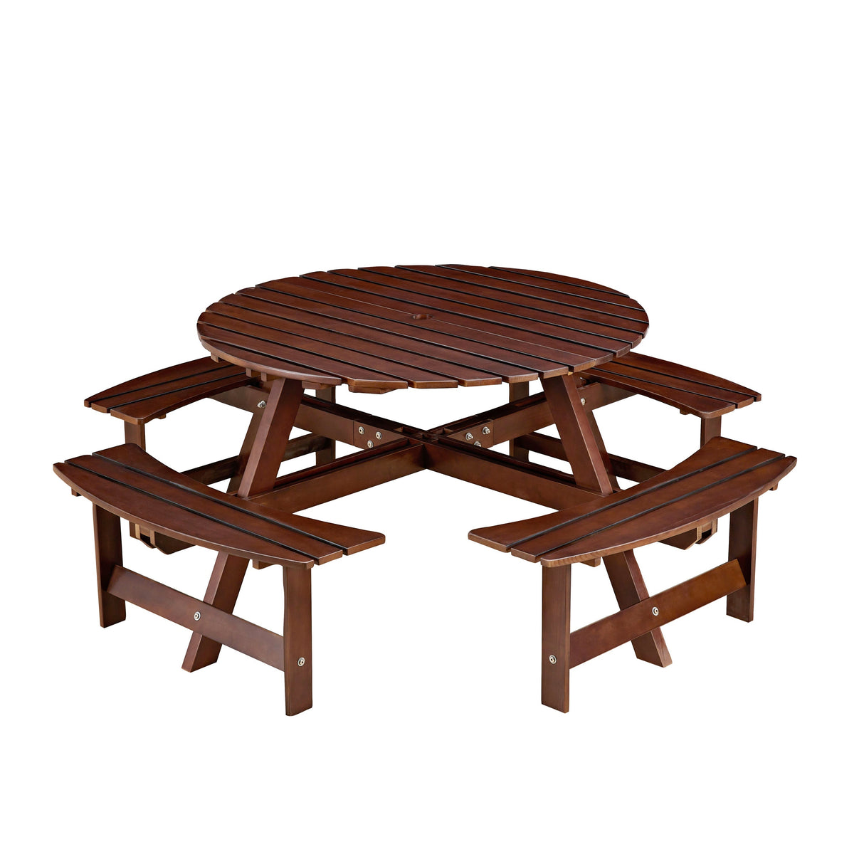 Outdoor 8 Person Round Picnic Table with Built-in Benches and Umbrella Hole